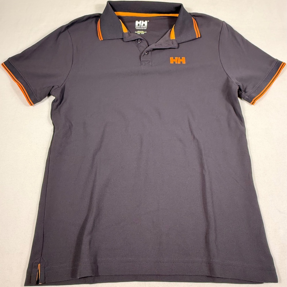 Helly Hansen Polo Shirt Medium Charcoal Grey Orange Tipped Technical Sporty HH